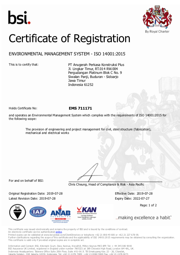 Sertifikat Sistem Manajemen Lingkungan ISO 14001:2015 dari BSI