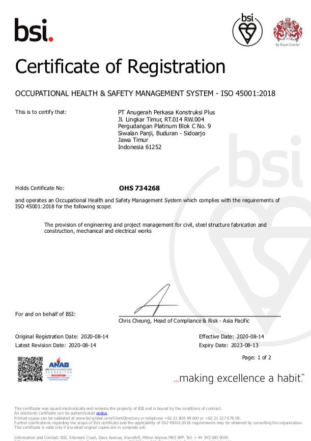 Sertifikat Sistem Manajemen Keselamatan & Kesehatan Kerja ISO 45001:2018 dari BSI