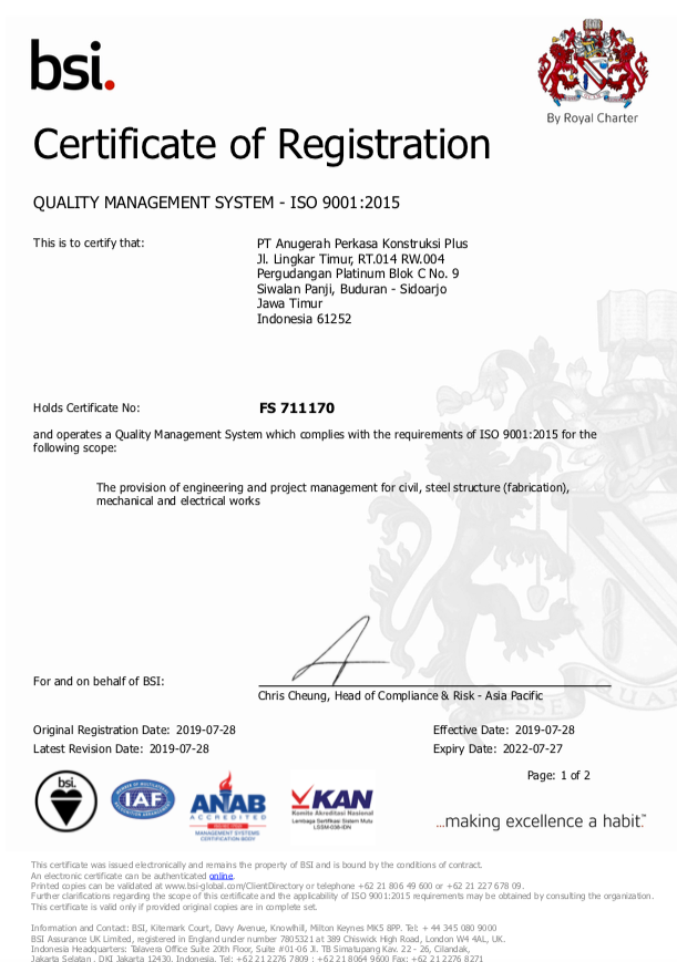 Sertifikat Sistem Manajemen Mutu ISO 9001:2015 dari BSI